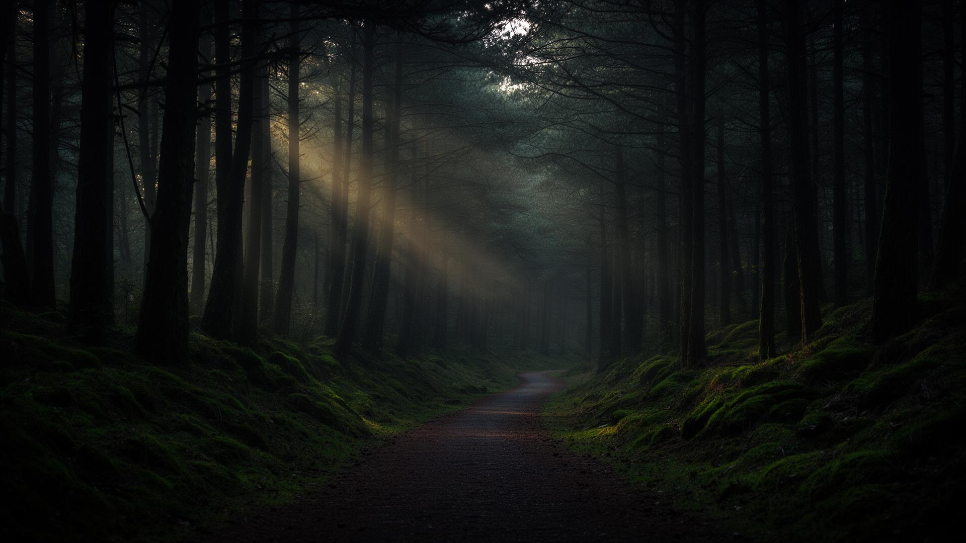 A quiet path through a dark mossy forest at dusk
