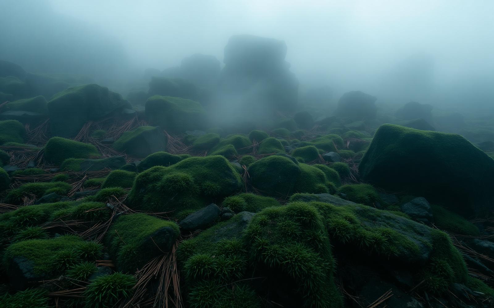 Moss-covered stones in soft morning fog