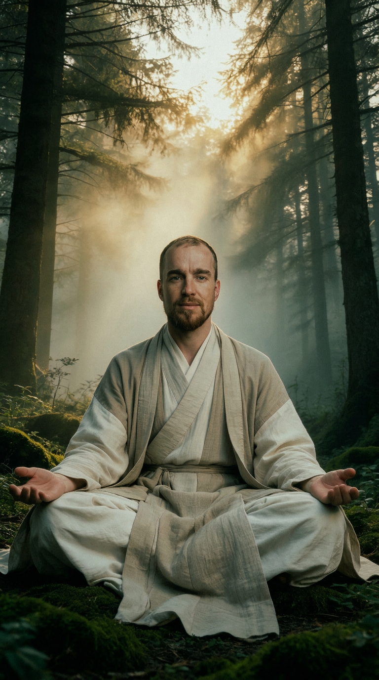 Edgar meditating in a misty forest at dawn